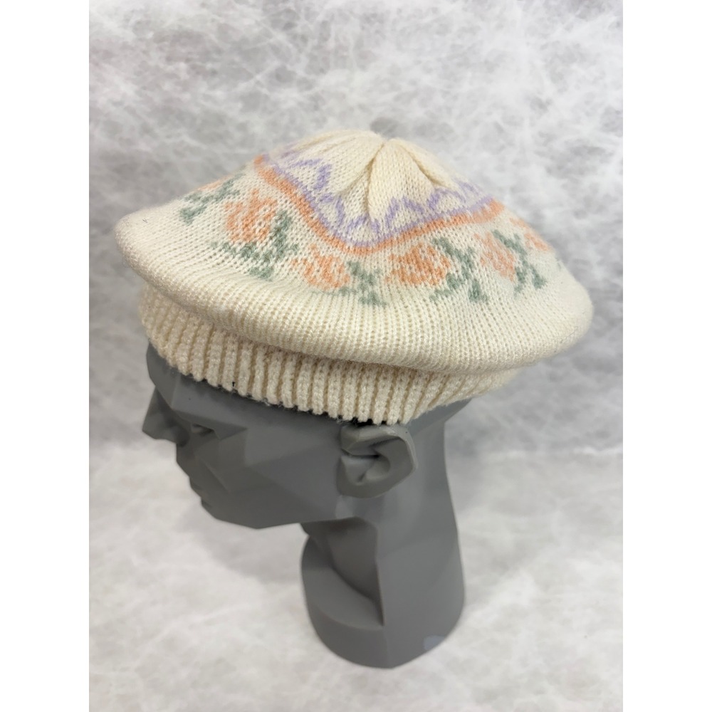 English Village‎ Vintage Knit Beret Hat Cream Floral Pastel Fair Isle Acrylic
